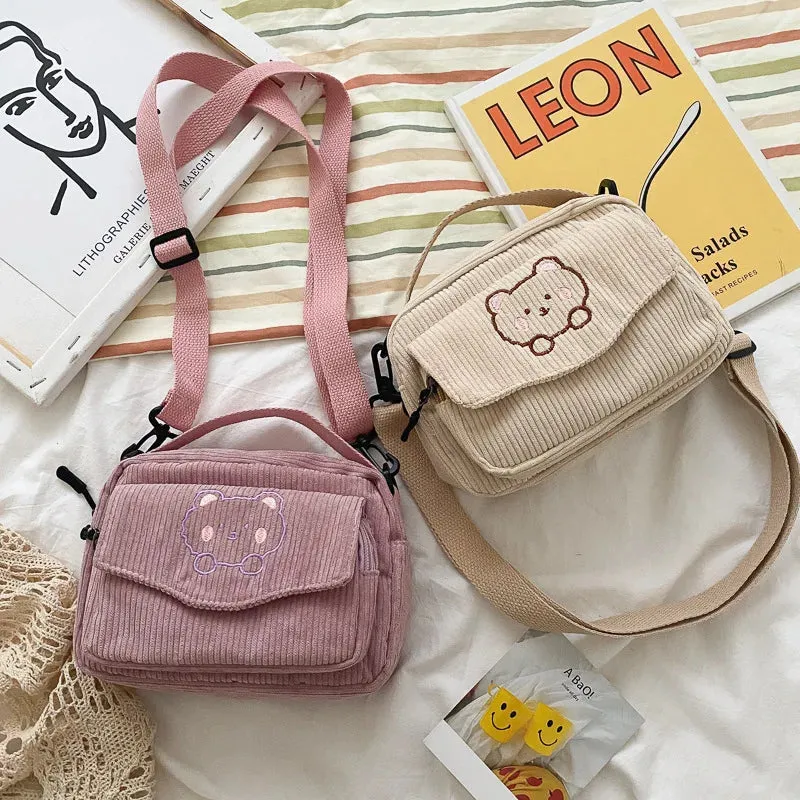 🎀 Cute Teddy Bear Corduroy Crossbody Bag 🐻✨ - Personalized Kawaii Shoulder Tote