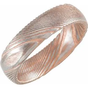 18K Rose Gold PVD Damascus Steel 6 mm Patterned Half Round Band Size 10