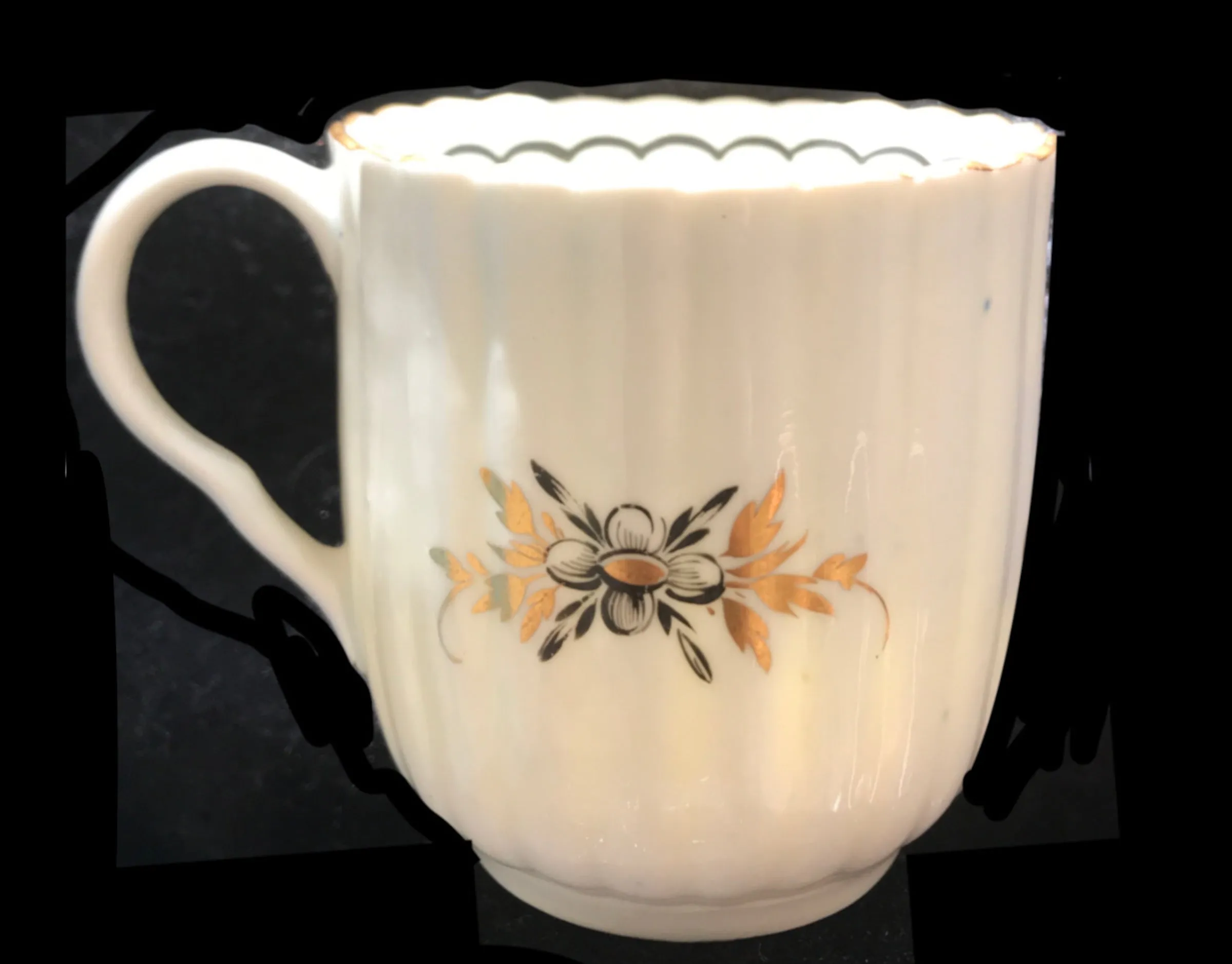18th Century Worcester Porcelain Coffee Cup, Black Painted Flower.