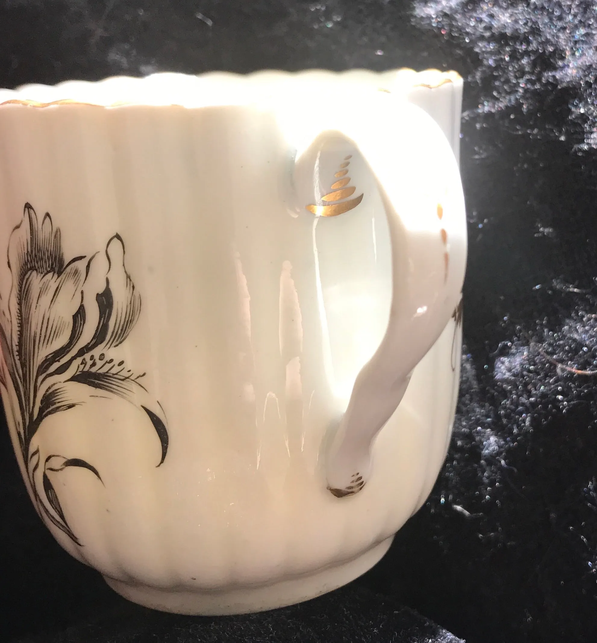 18th Century Worcester Porcelain Coffee Cup, Black Painted Flower.