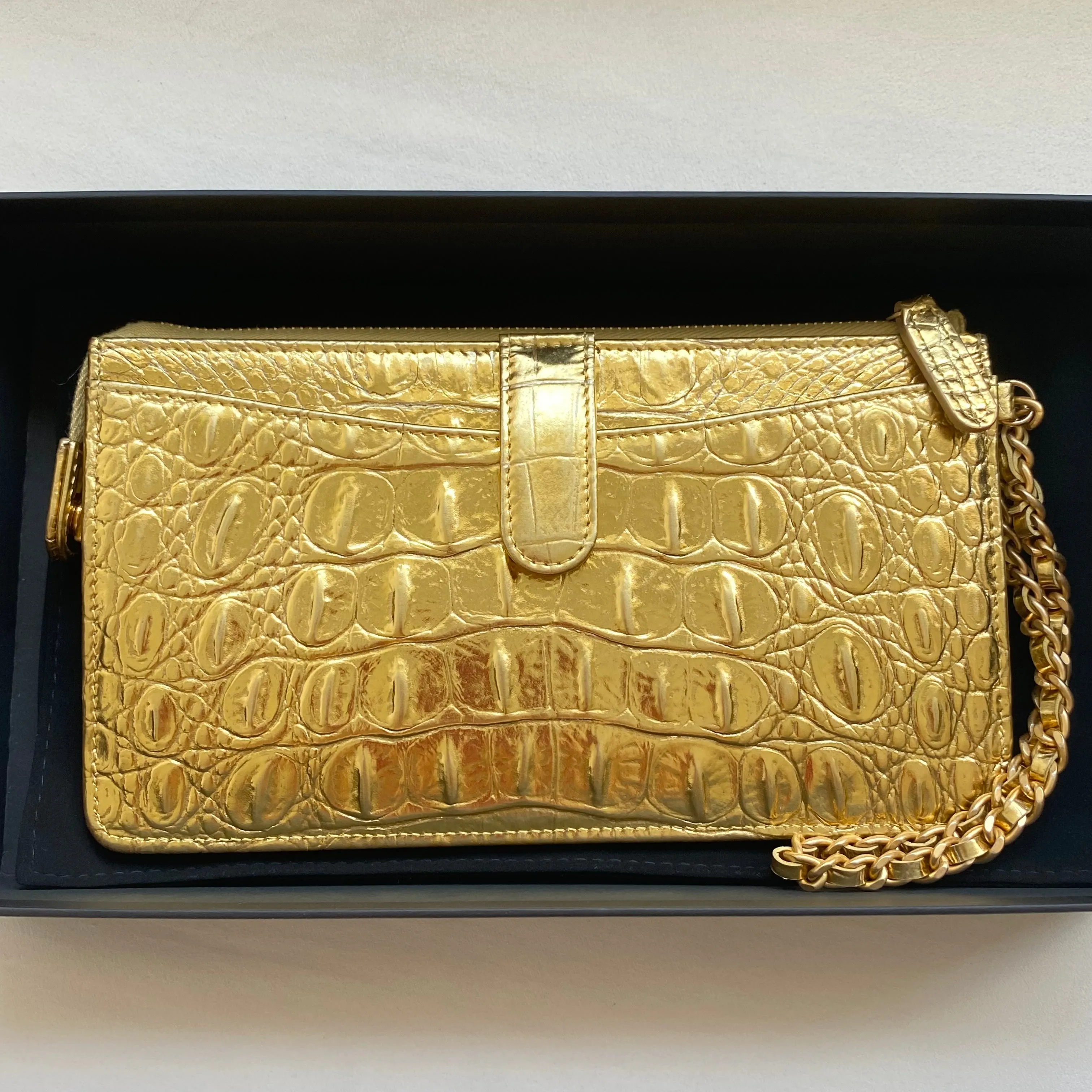 19A Ancient Egypt Gold Croc Embossed Wristlet Clutch