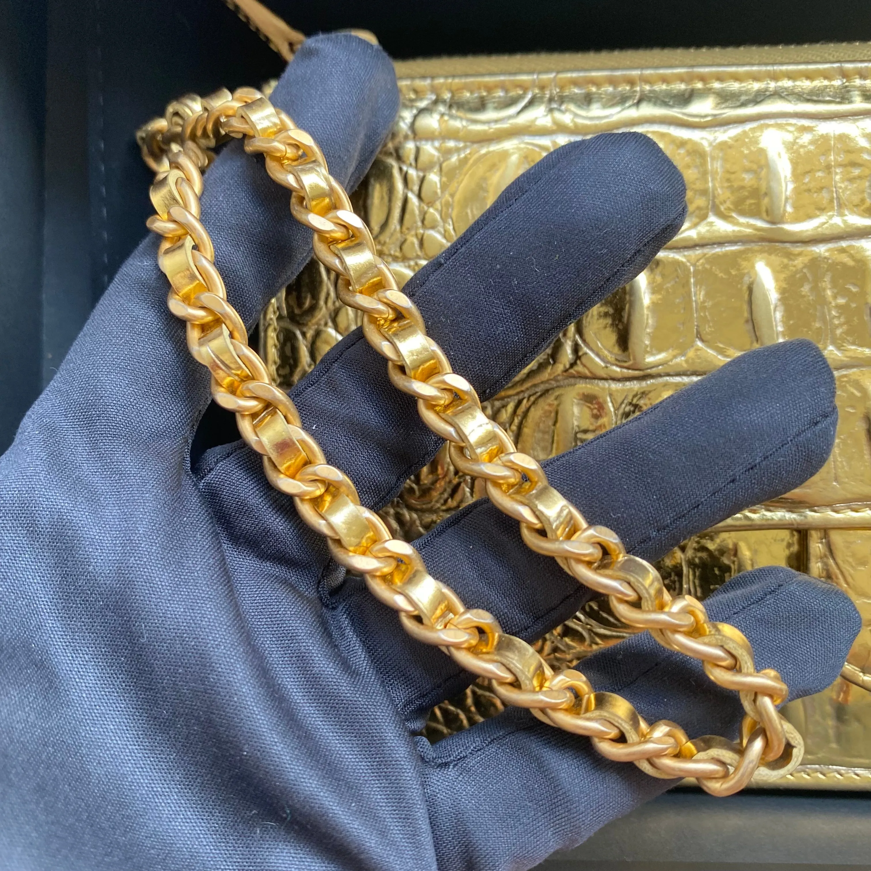 19A Ancient Egypt Gold Croc Embossed Wristlet Clutch