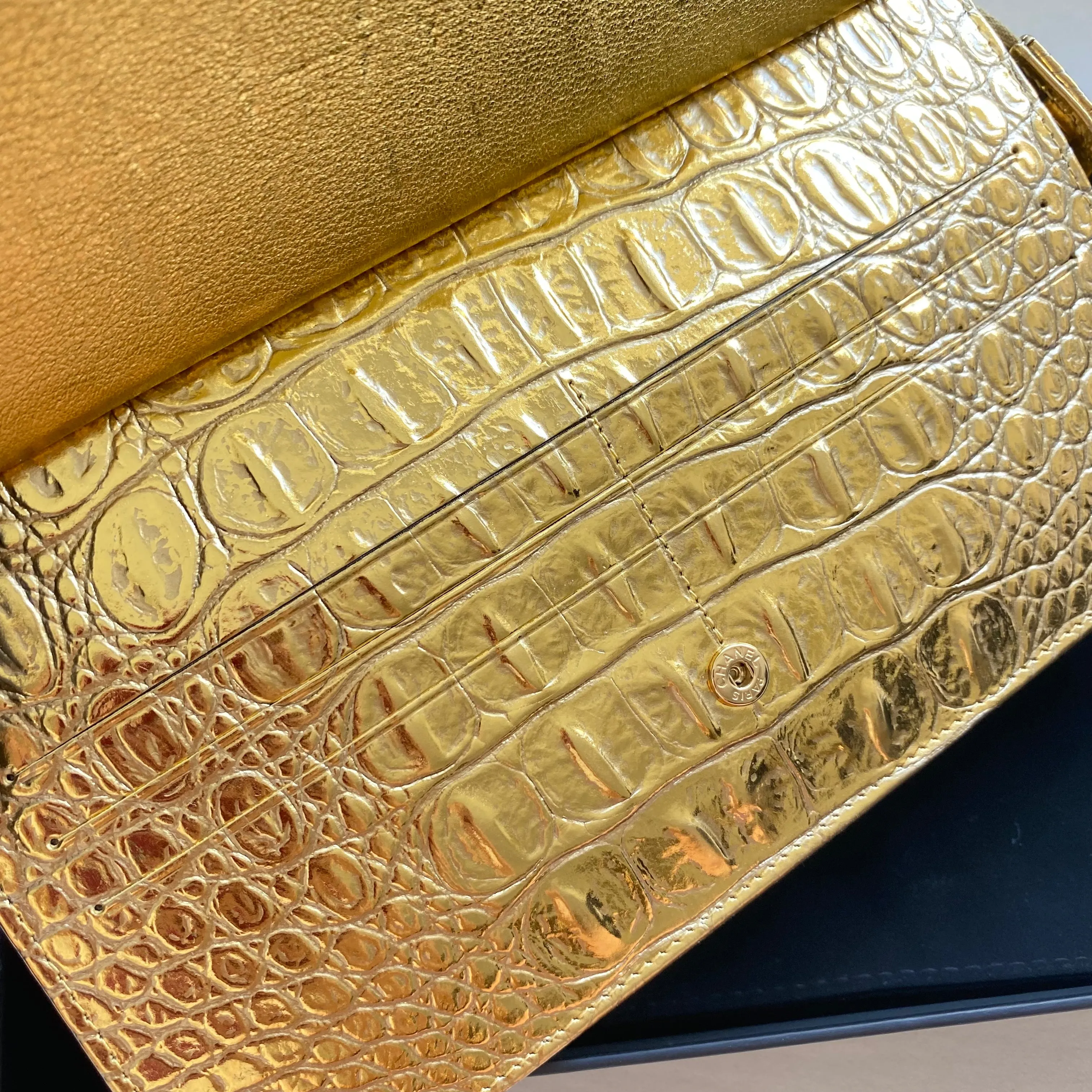19A Ancient Egypt Gold Croc Embossed Wristlet Clutch