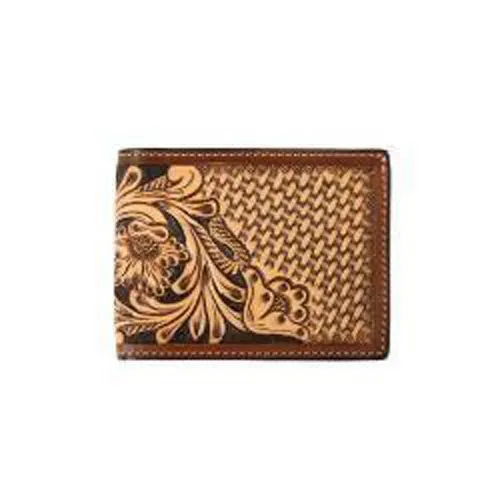 3D Tan Floral/Basket Weave Tooled Flip Style Bifold Wallet