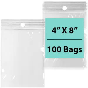 4X8 inches Reclosable Poly Bags with Hang Hole 2 Mil (LDPE) Single Track Zipper
