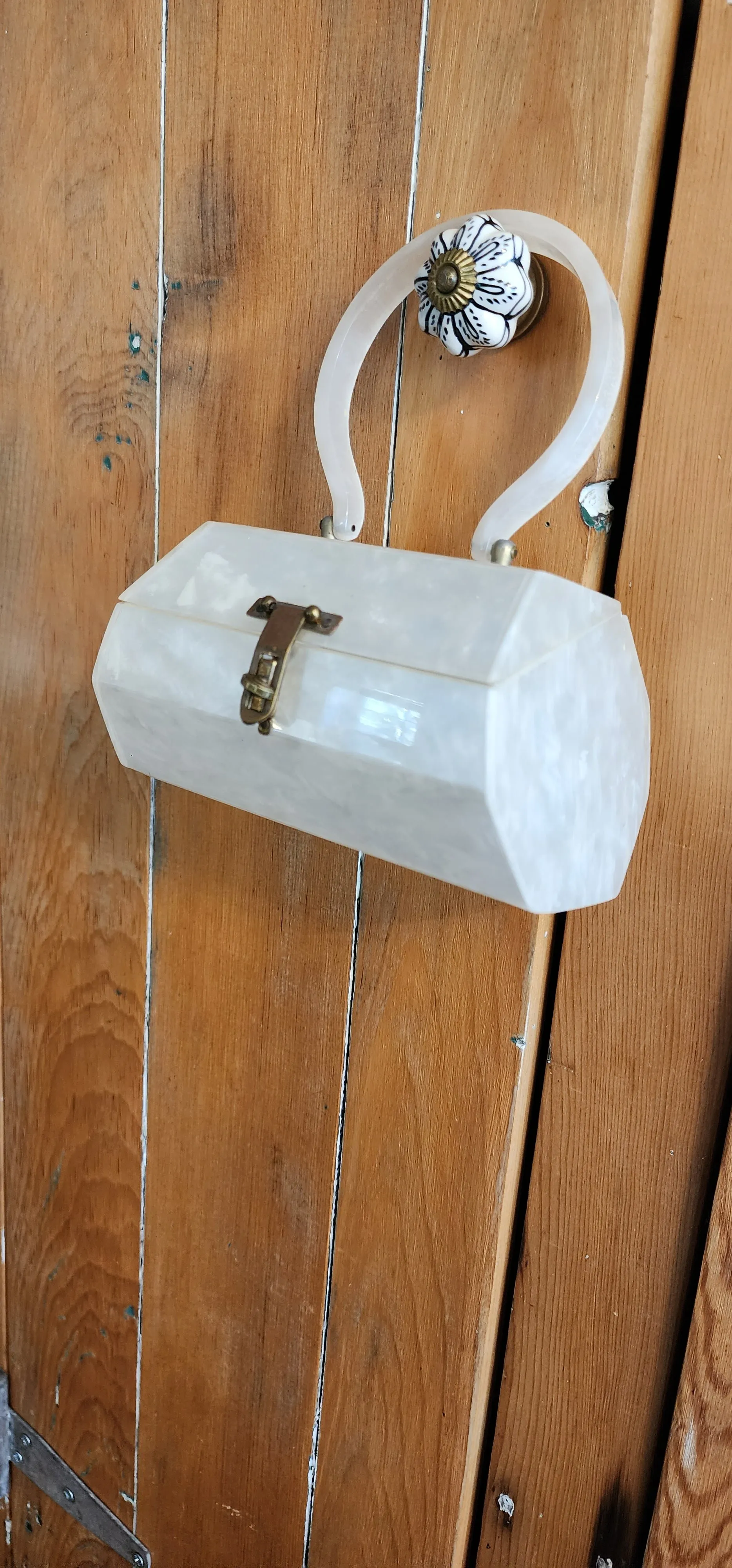 50s White Lucite Bag Top Handle Box Purse by Florida Handbags
