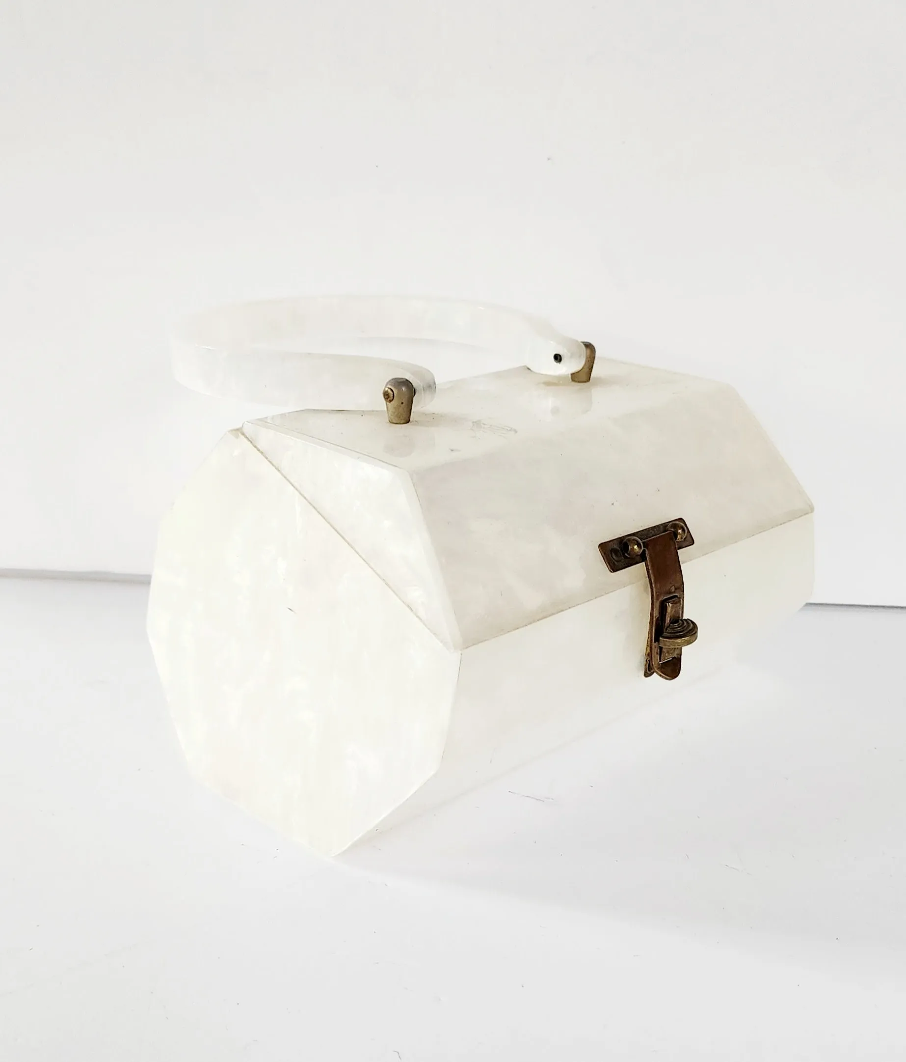 50s White Lucite Bag Top Handle Box Purse by Florida Handbags