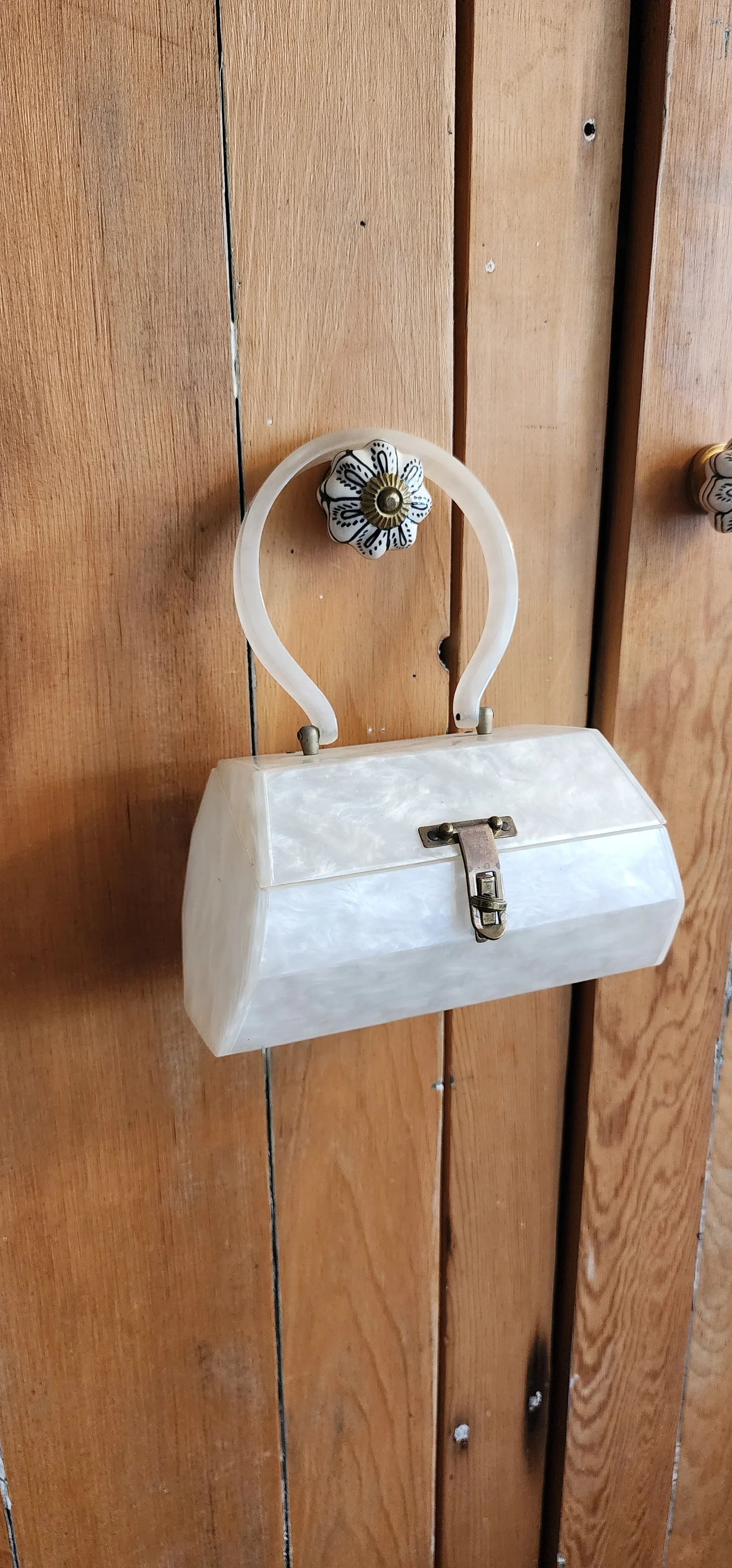50s White Lucite Bag Top Handle Box Purse by Florida Handbags