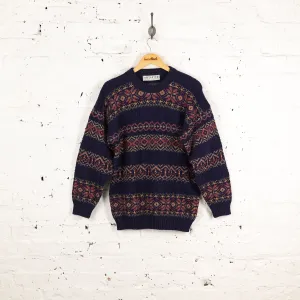 90s Patterned Wool Knit Jumper - Blue - S