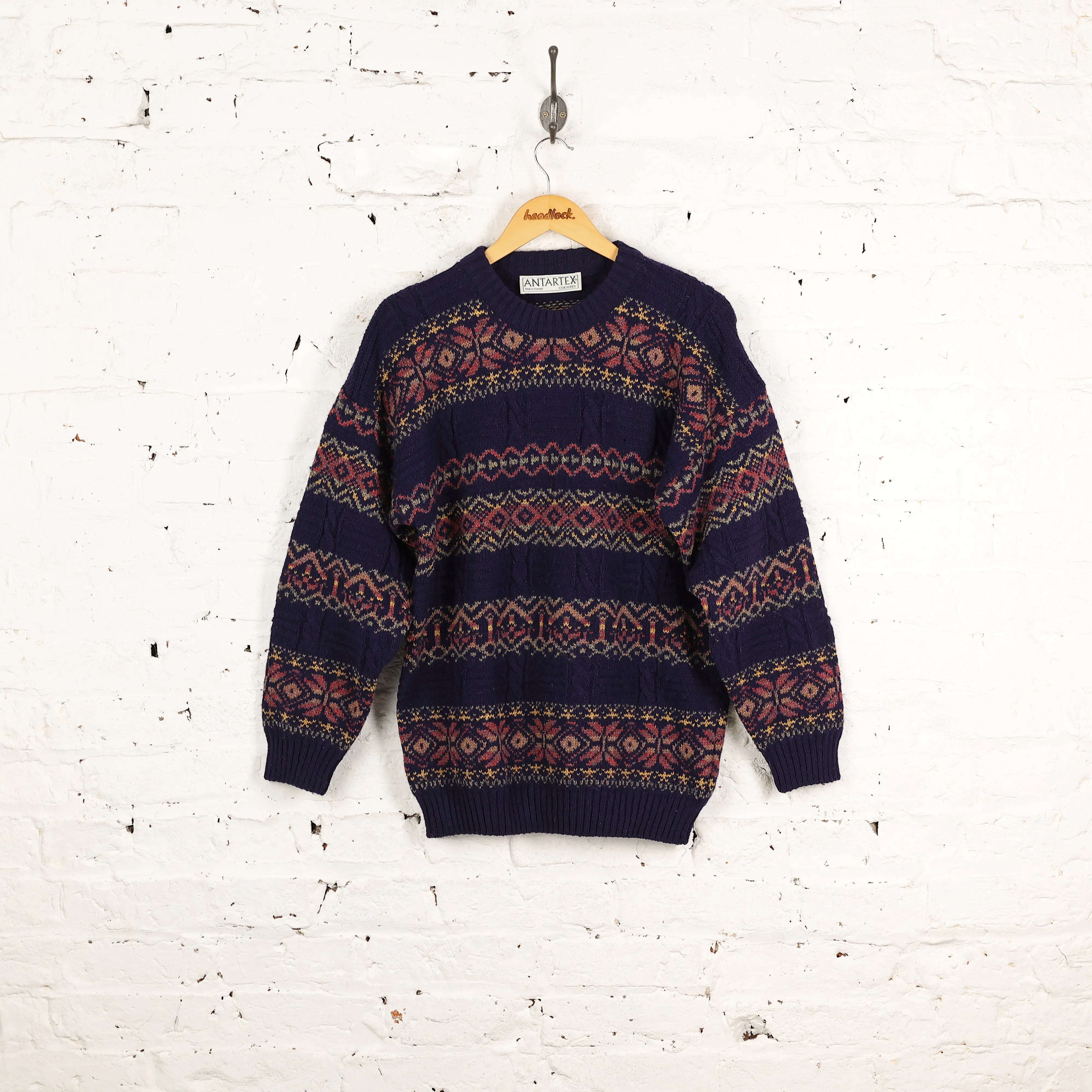 90s Patterned Wool Knit Jumper - Blue - S