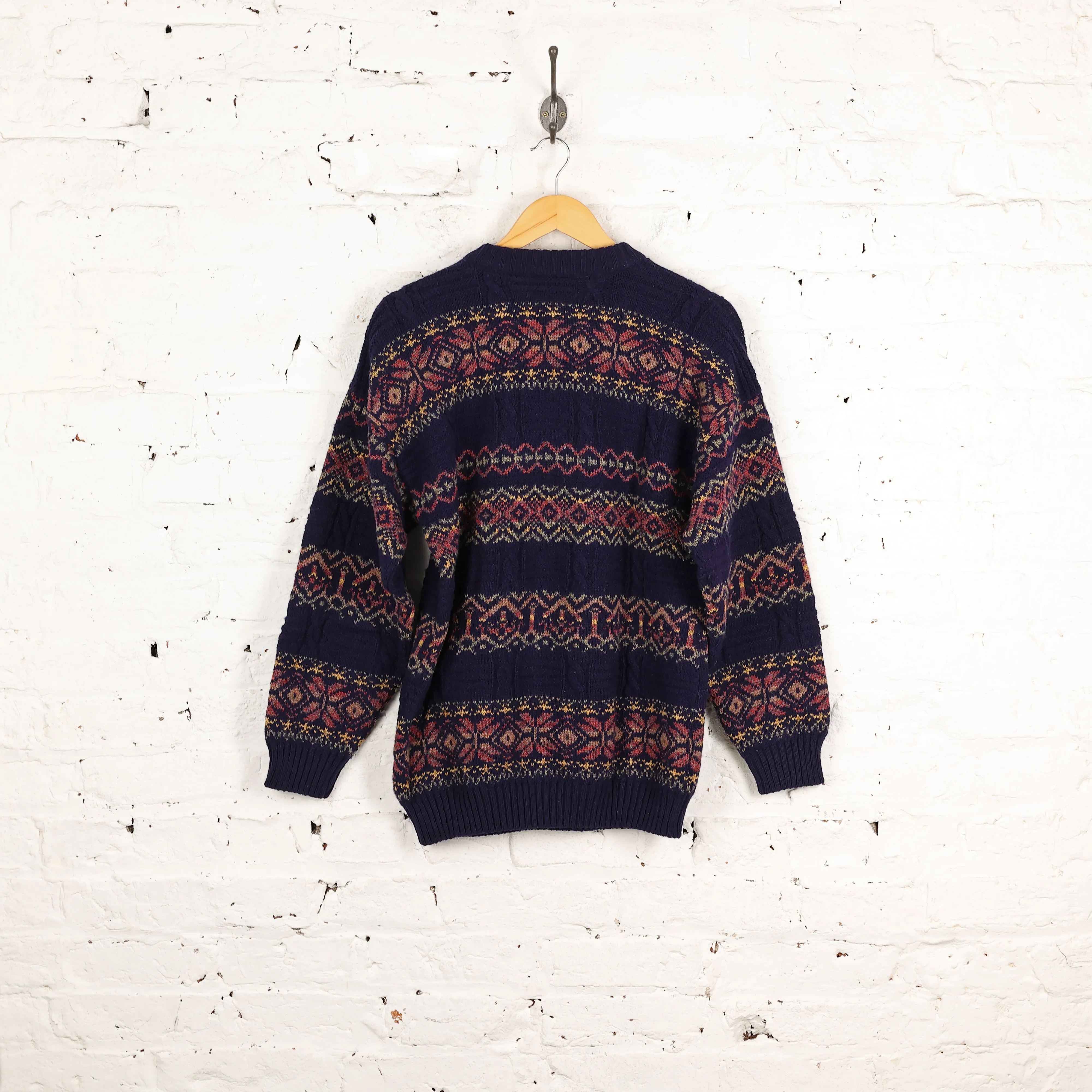 90s Patterned Wool Knit Jumper - Blue - S