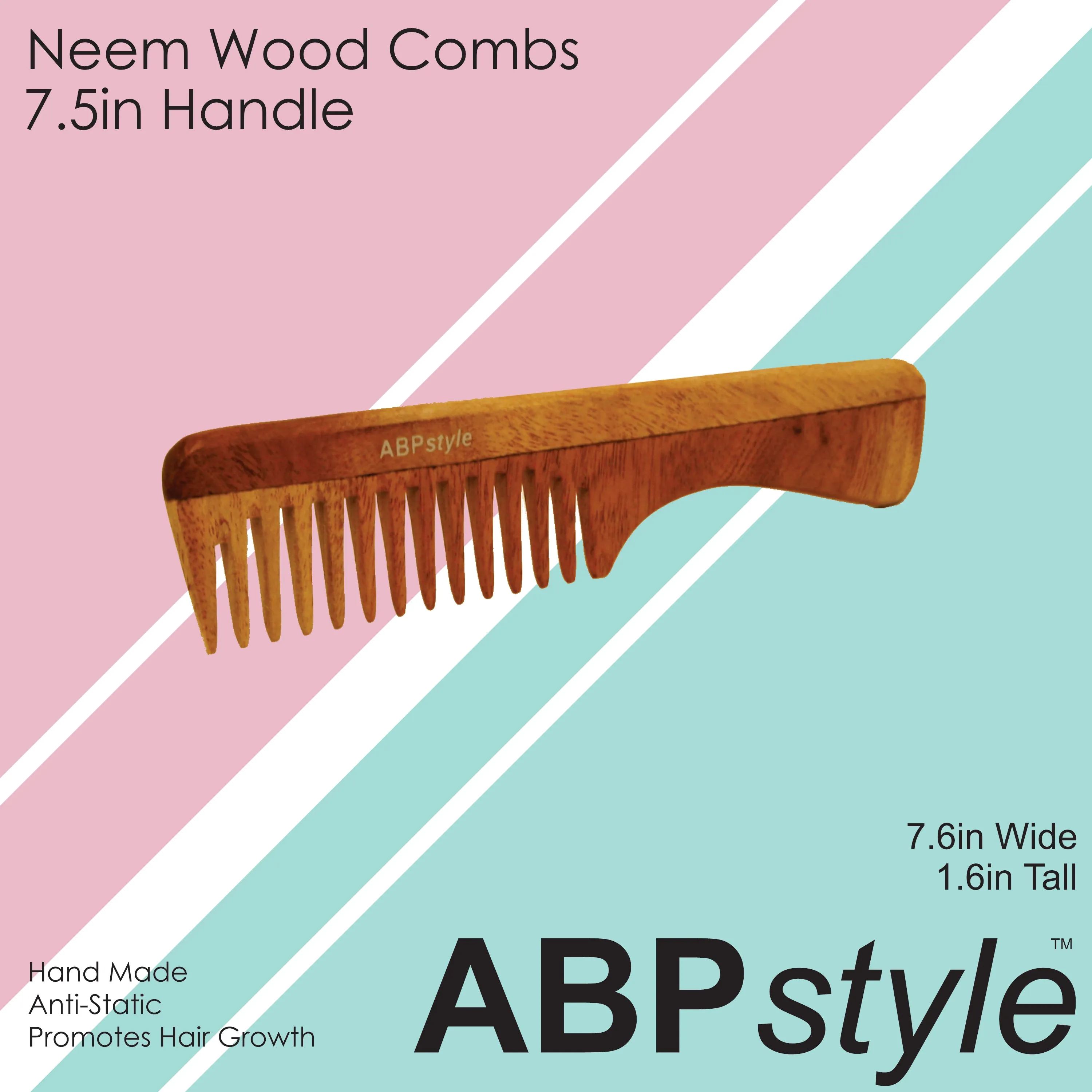 ABPStyle, 7in Neem Wood Handle Comb. Anti-Static, Damage Free, Promotes Hair Growth, Environmentally Friendly