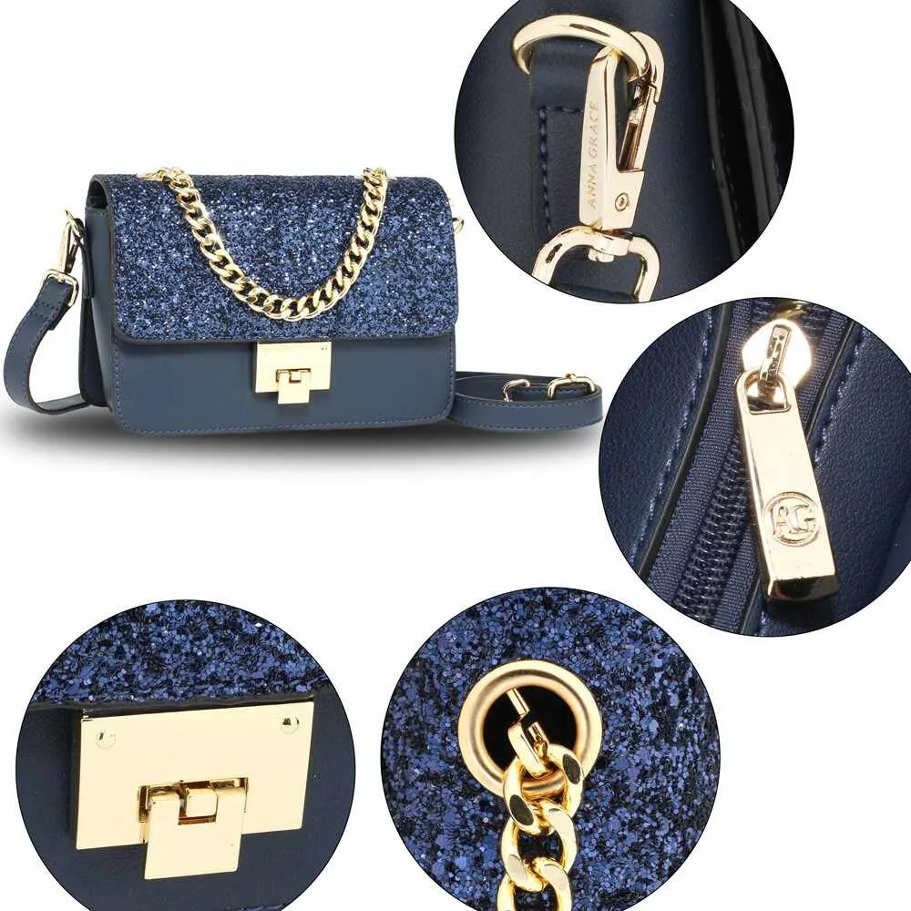 AG00716 - Navy Glitter Flap Cross Body Bag
