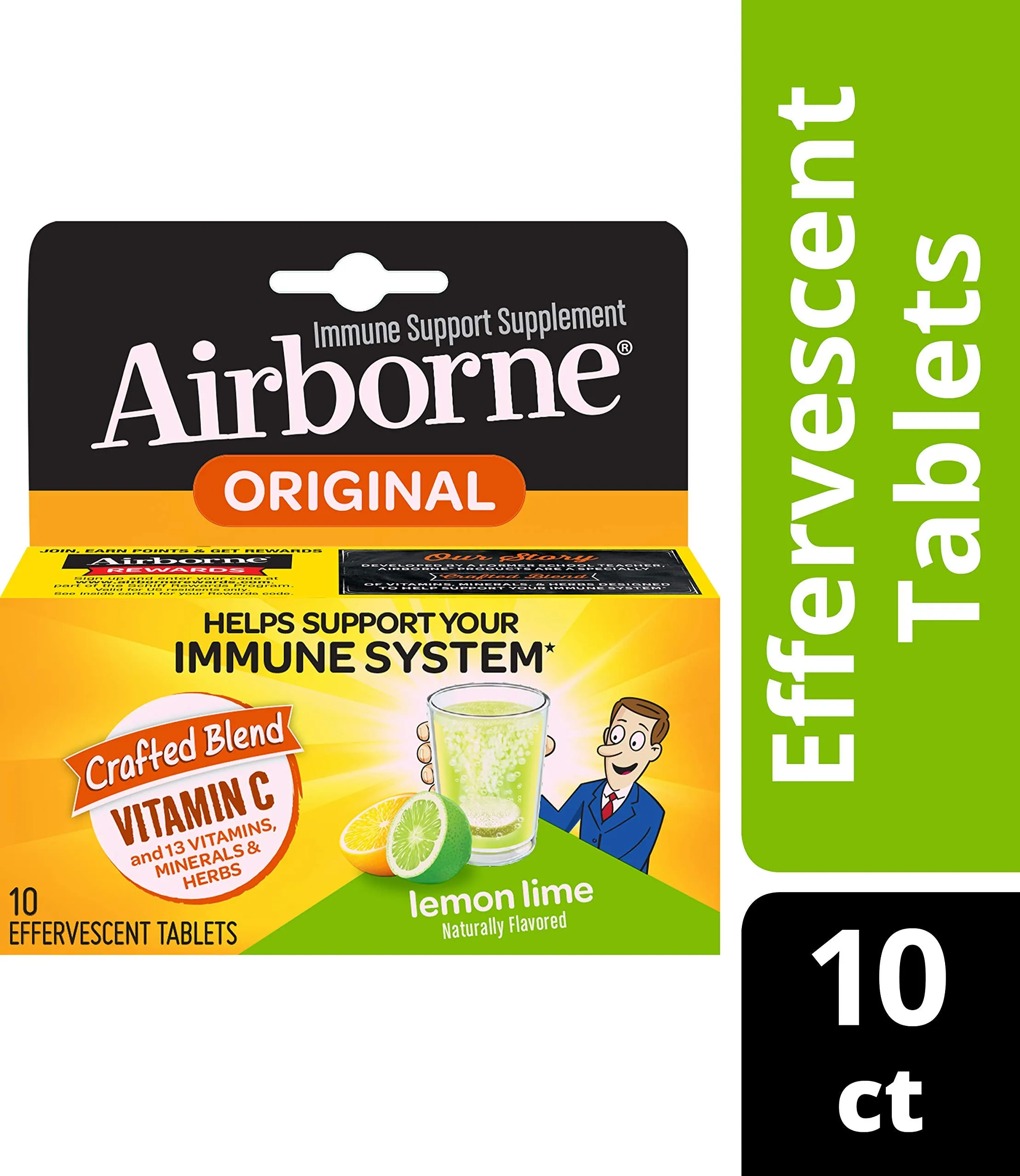 Airborne Vitamina C 1000 mg Suplemento de apoyo inmune, fórmula efervescente, limón lima, 10 unidades (embalaje puede variar)