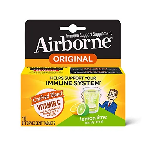 Airborne Vitamina C 1000 mg Suplemento de apoyo inmune, fórmula efervescente, limón lima, 10 unidades (embalaje puede variar)