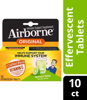 Airborne Vitamina C 1000 mg Suplemento de apoyo inmune, fórmula efervescente, limón lima, 10 unidades (embalaje puede variar)