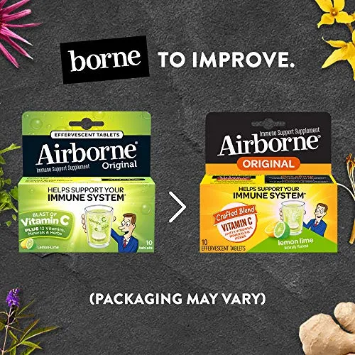 Airborne Vitamina C 1000 mg Suplemento de apoyo inmune, fórmula efervescente, limón lima, 10 unidades (embalaje puede variar)