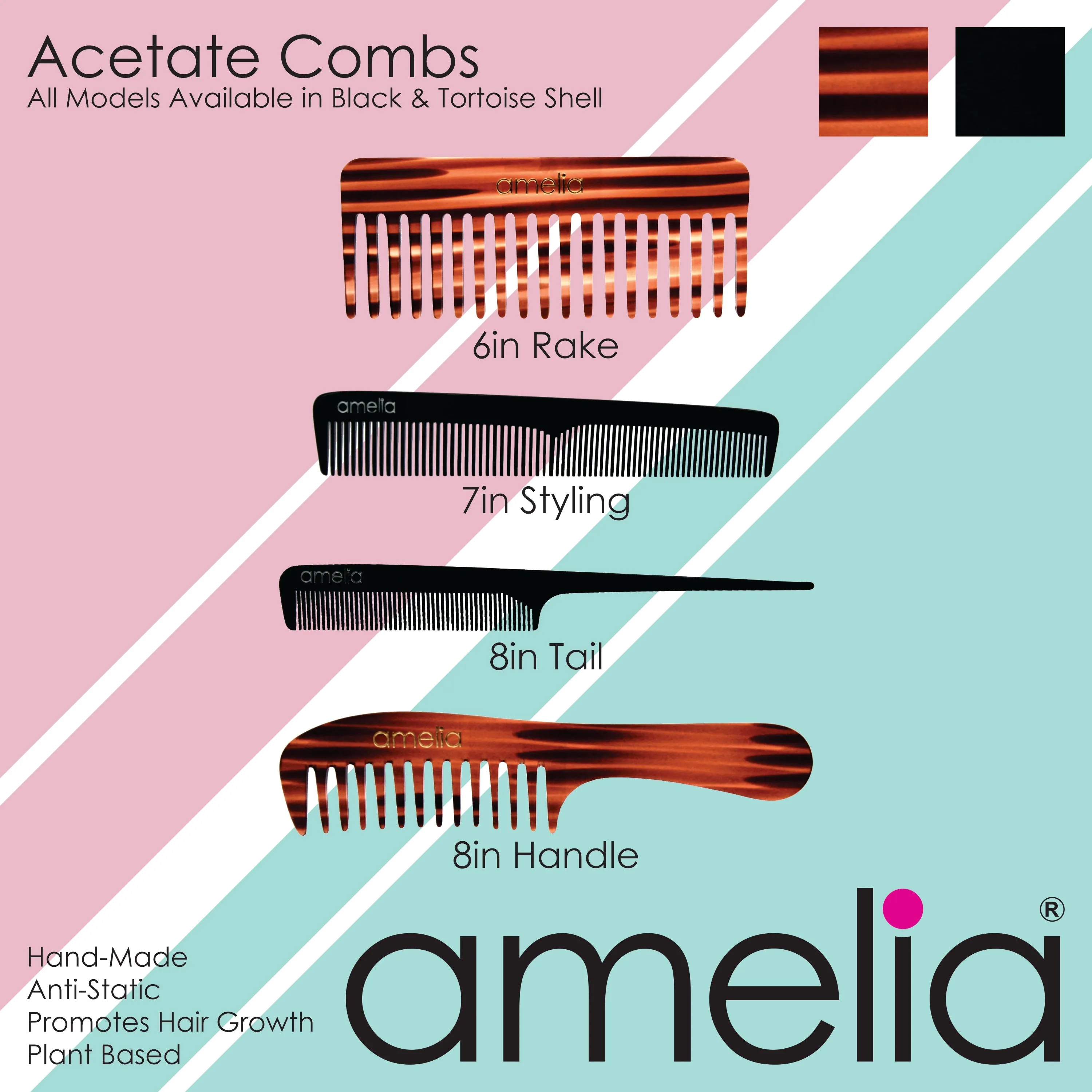 Amelia Beauty Cellulose Acetate 8in Handle Comb, Handmade, Smooth Edges, Eco-Friendly Plant Based Material, Course Tooth - Black Color