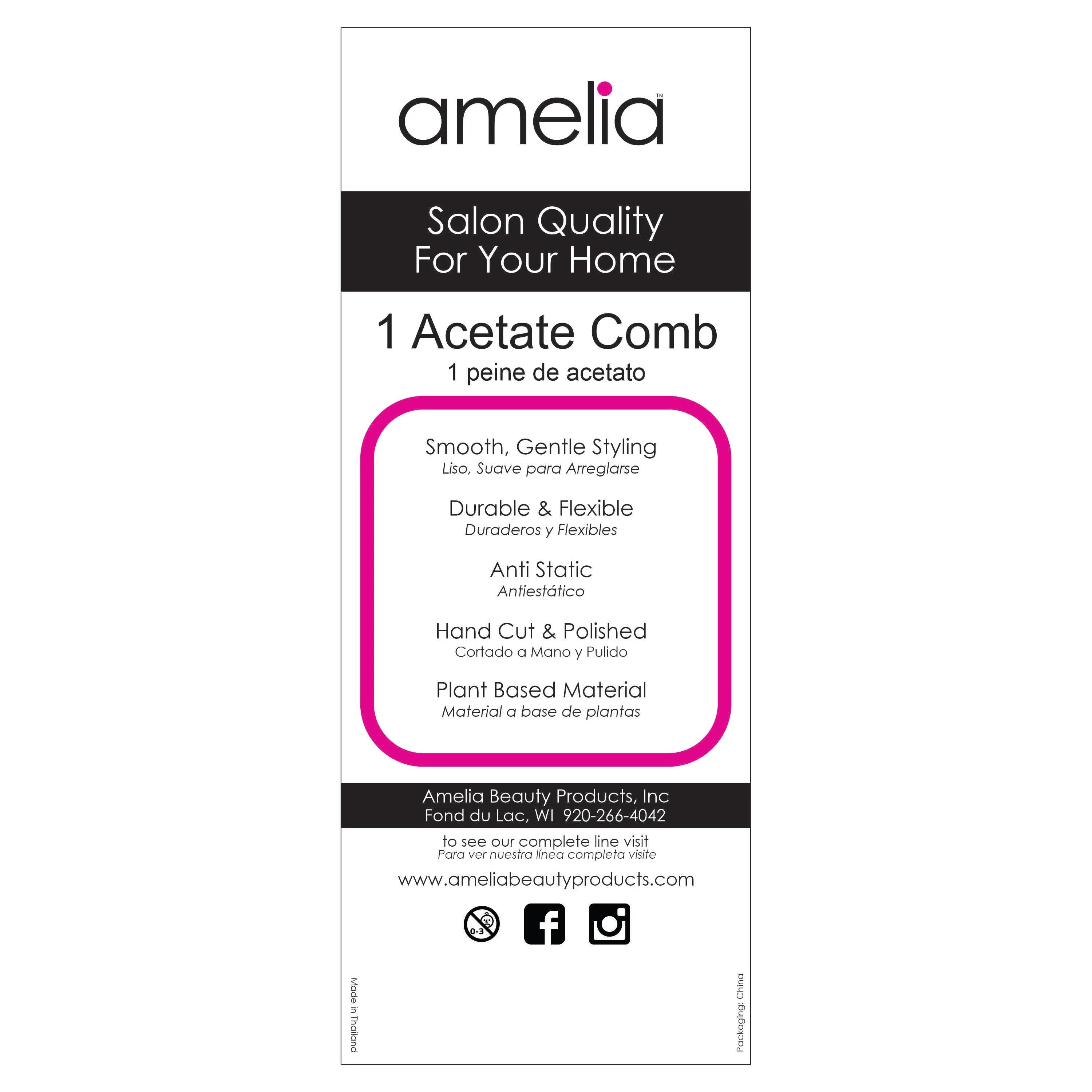 Amelia Beauty Cellulose Acetate 8in Handle Comb, Handmade, Smooth Edges, Eco-Friendly Plant Based Material, Course Tooth - Black Color