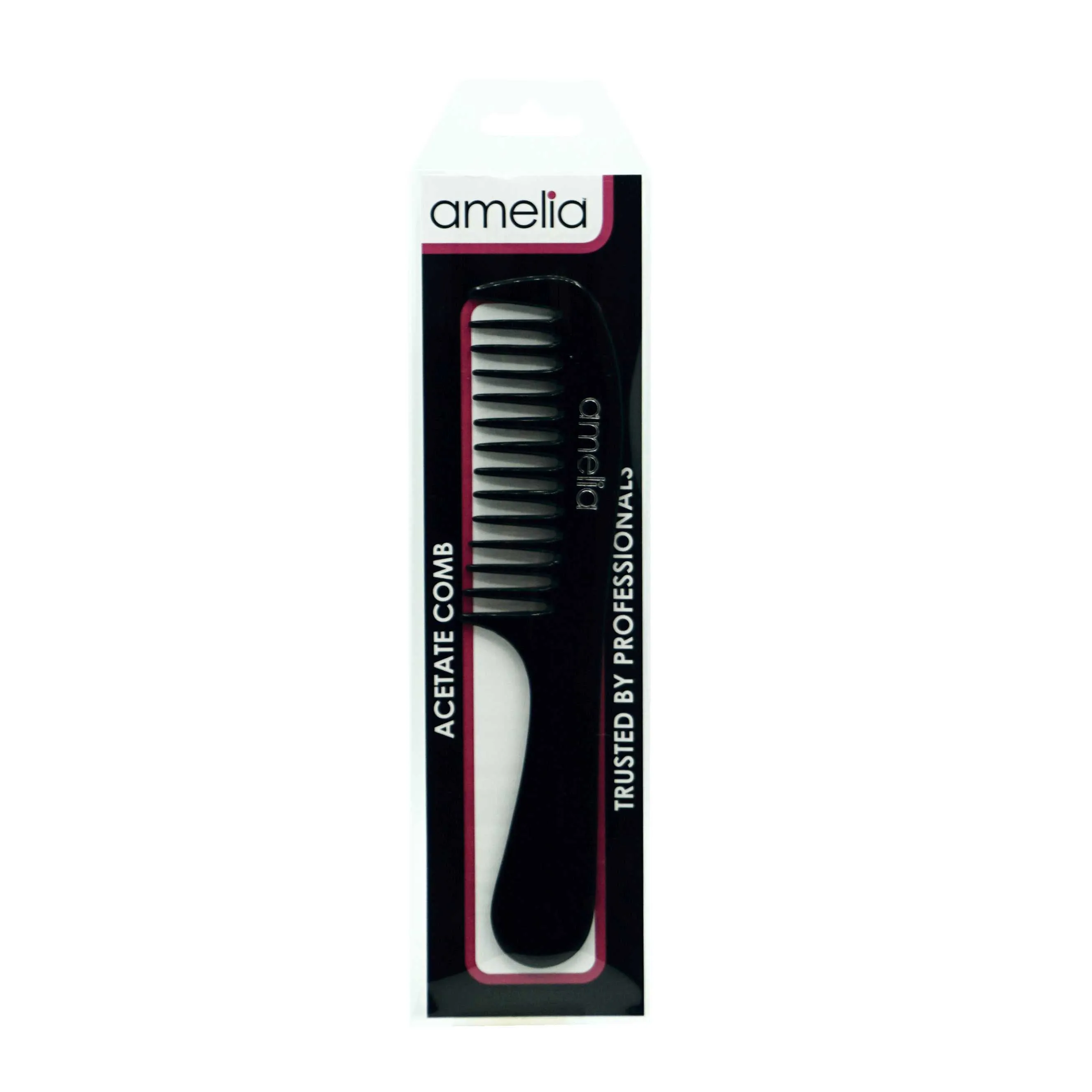 Amelia Beauty Cellulose Acetate 8in Handle Comb, Handmade, Smooth Edges, Eco-Friendly Plant Based Material, Course Tooth - Black Color