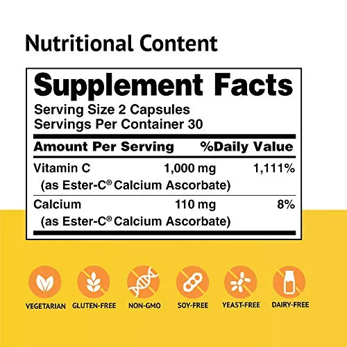 American Health Cápsulas Ester-C – Suave en el estómago, Vitamina C no ácida – 500 mg, 60 unidades (30 porciones)