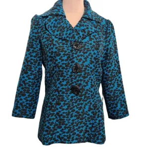 An Ren New York Womens Coat Art to Wear Abstract Leaf Floral Blue Black Sz L