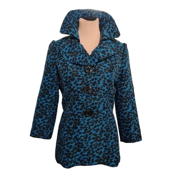 An Ren New York Womens Coat Art to Wear Abstract Leaf Floral Blue Black Sz L