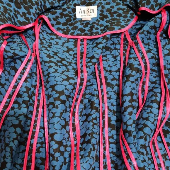 An Ren New York Womens Coat Art to Wear Abstract Leaf Floral Blue Black Sz L