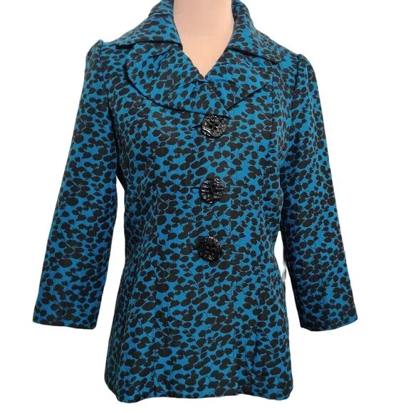 An Ren New York Womens Coat Art to Wear Abstract Leaf Floral Blue Black Sz L