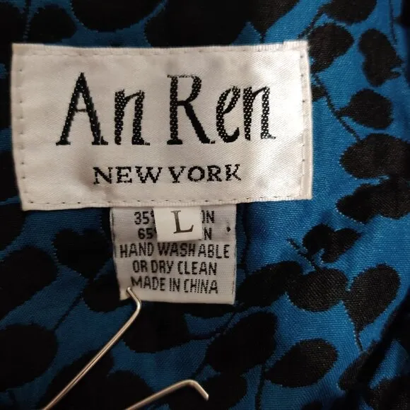 An Ren New York Womens Coat Art to Wear Abstract Leaf Floral Blue Black Sz L