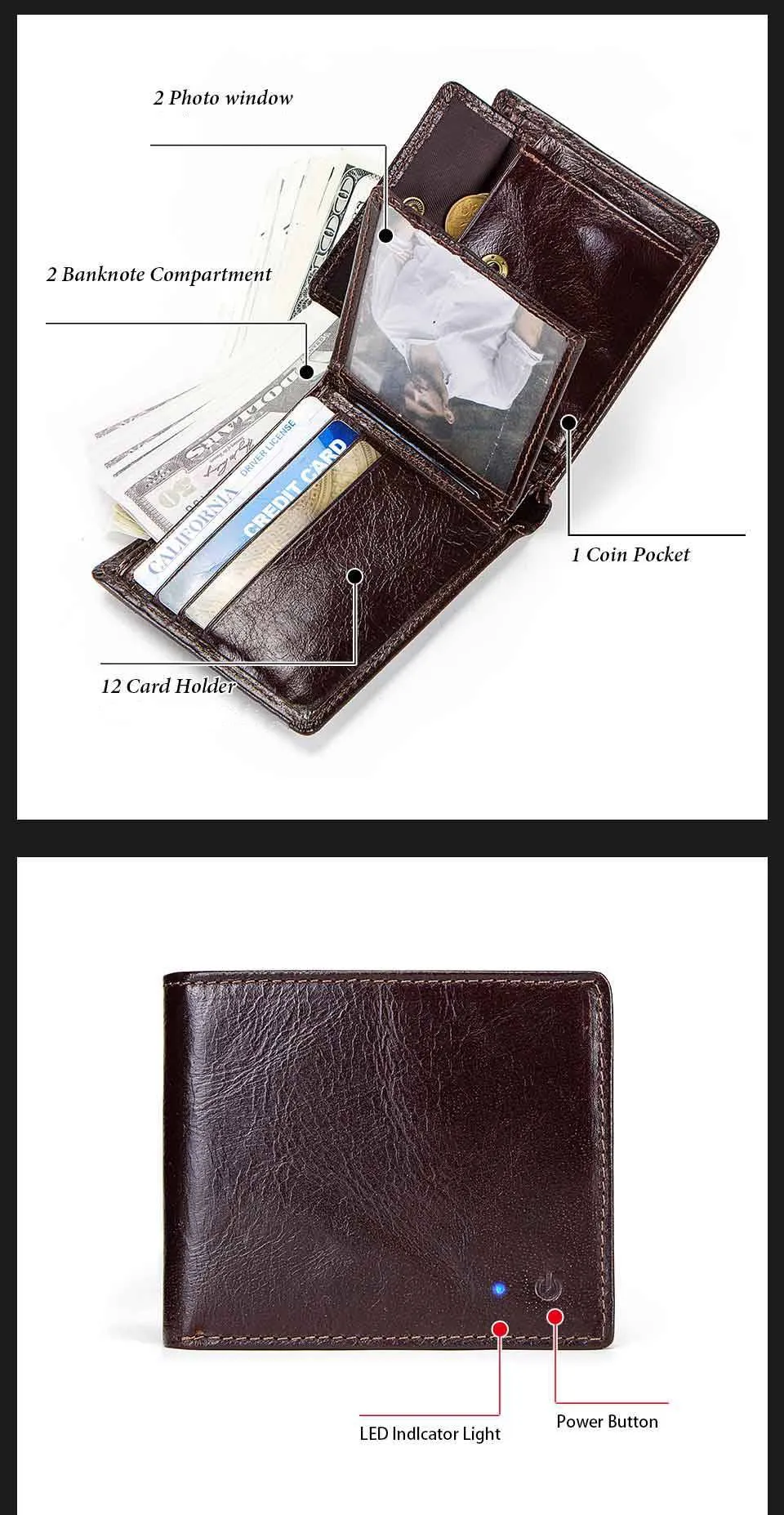 Anti-Lost/Theft Bluetooth Genuine  Leather Smart-Wallet