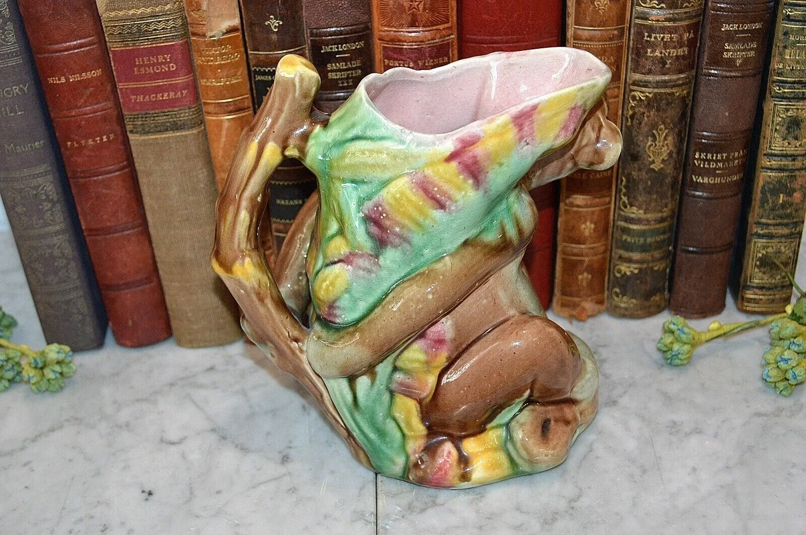 Antique English Majolica Monkey Pitcher Jug 19th C. Pink Interior