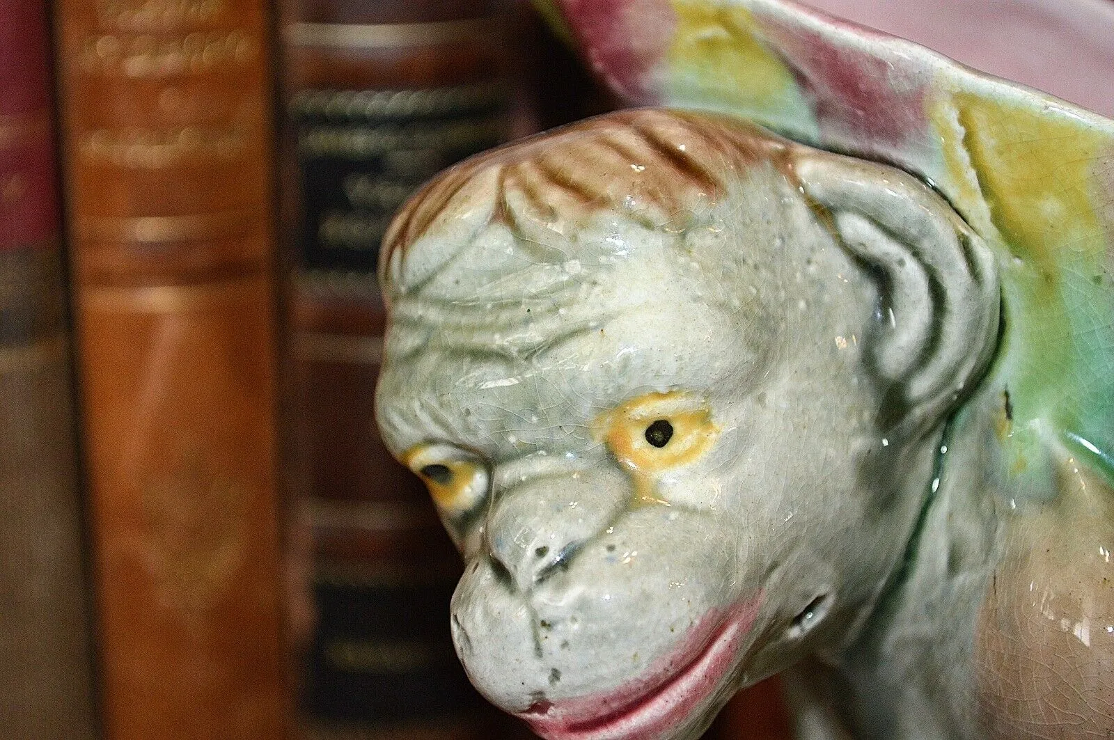 Antique English Majolica Monkey Pitcher Jug 19th C. Pink Interior