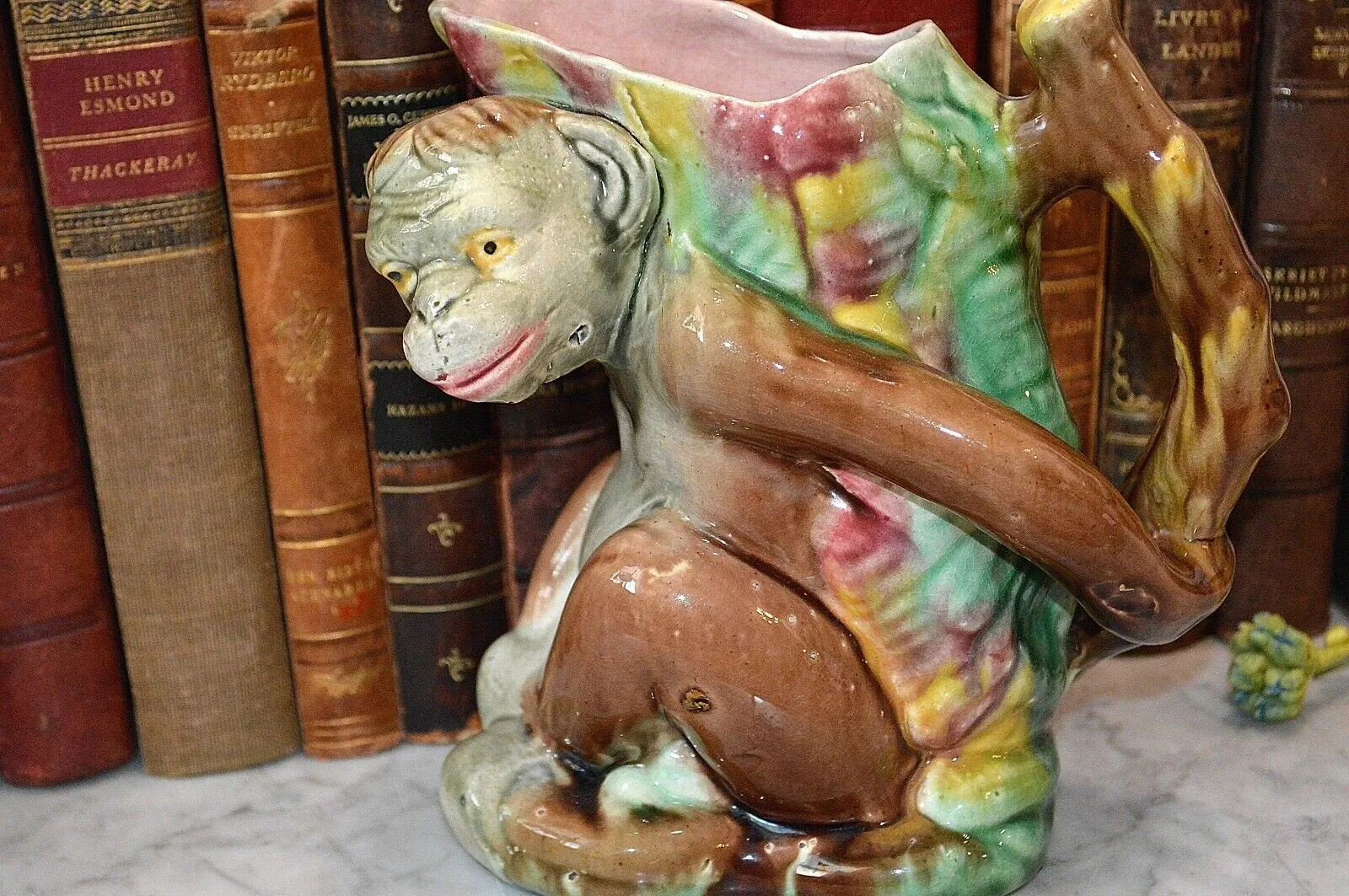 Antique English Majolica Monkey Pitcher Jug 19th C. Pink Interior