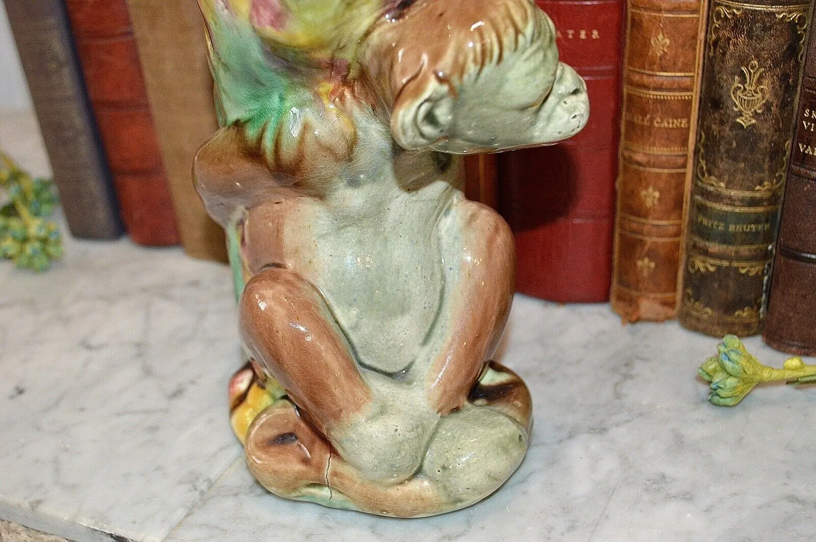 Antique English Majolica Monkey Pitcher Jug 19th C. Pink Interior