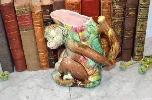 Antique English Majolica Monkey Pitcher Jug 19th C. Pink Interior