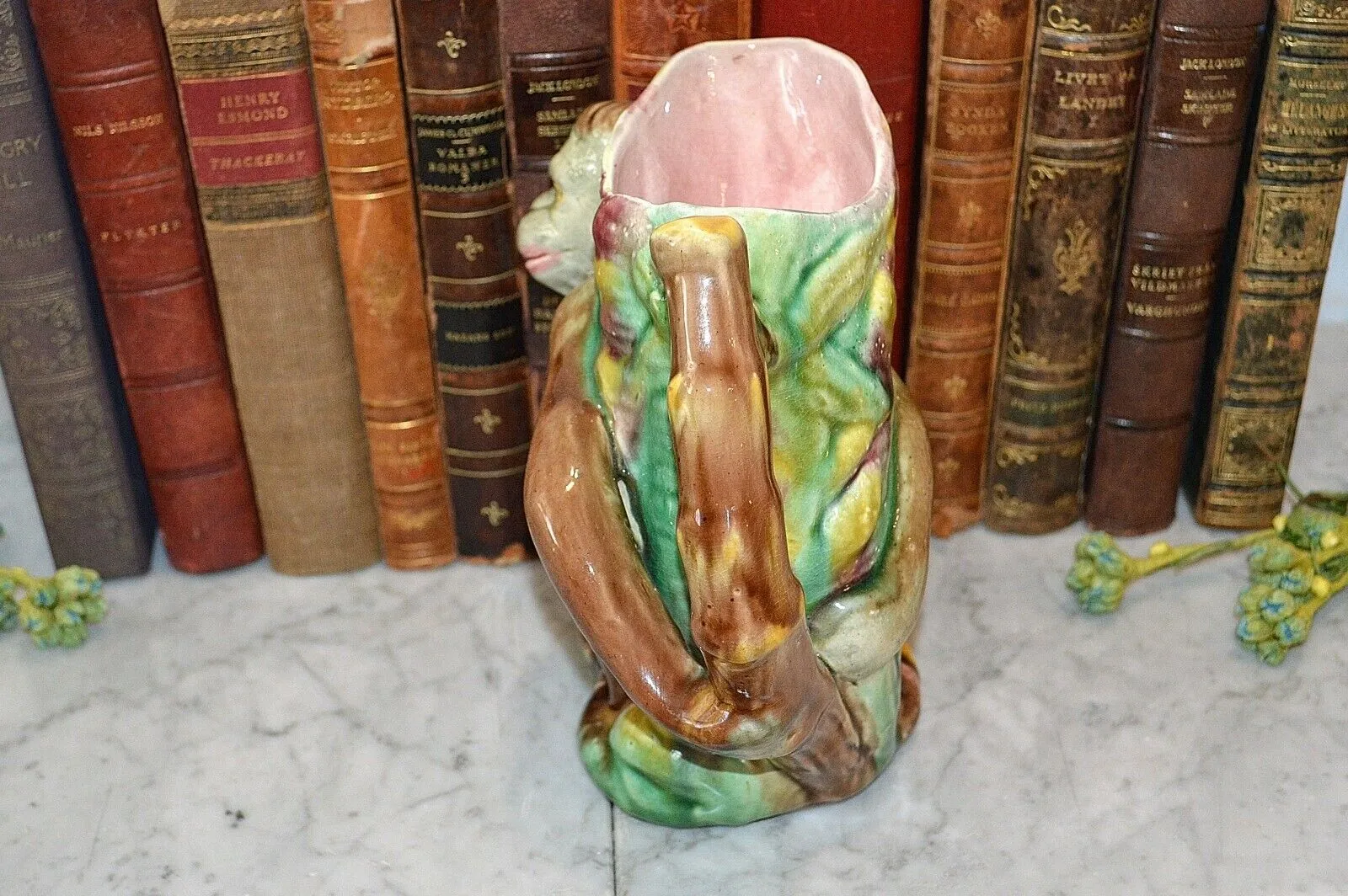 Antique English Majolica Monkey Pitcher Jug 19th C. Pink Interior