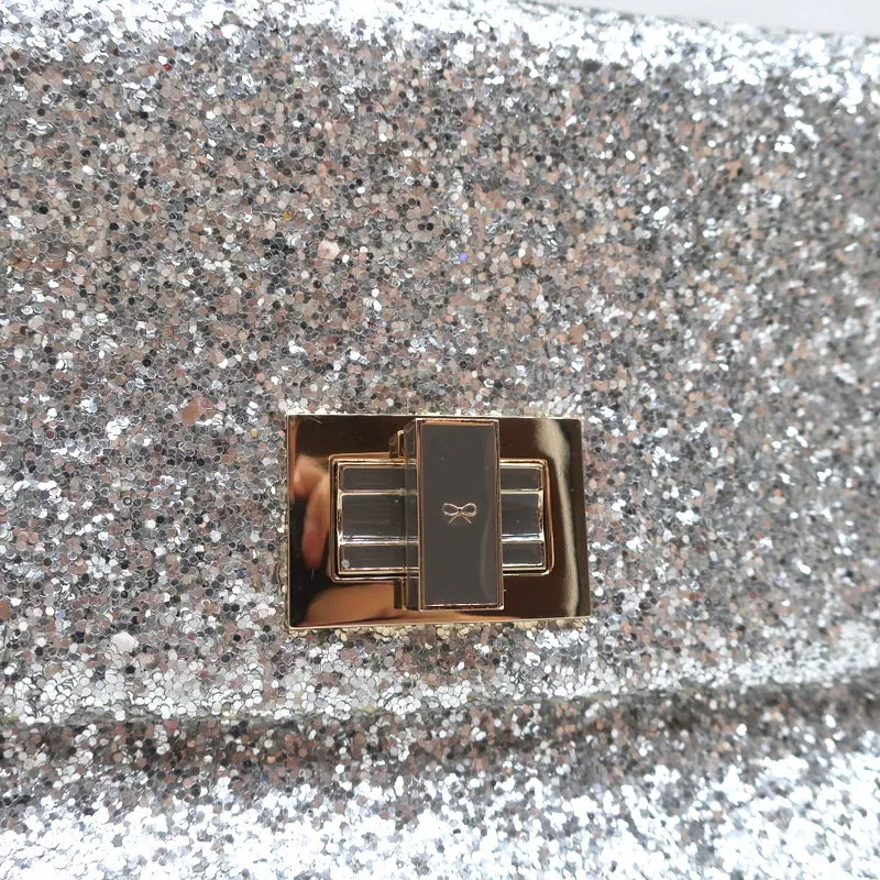 Anya Hindmarch Valorie Glitter Clutch Silver Small Evening Bag