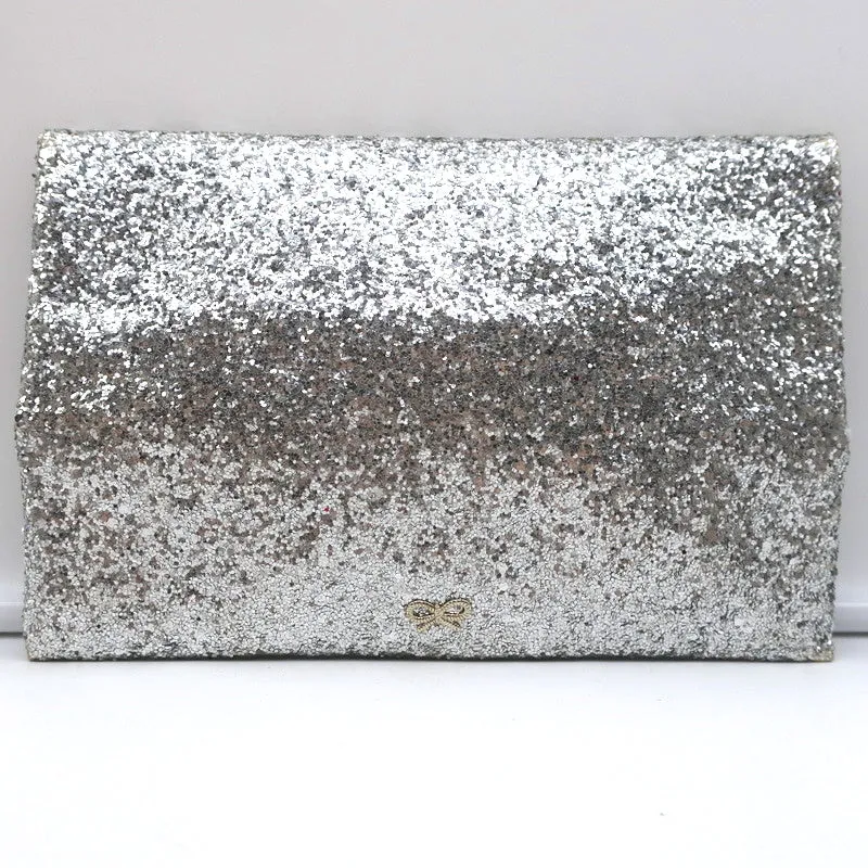 Anya Hindmarch Valorie Glitter Clutch Silver Small Evening Bag