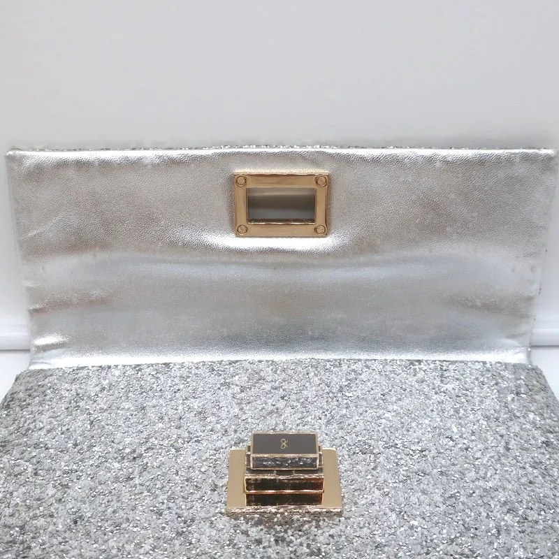 Anya Hindmarch Valorie Glitter Clutch Silver Small Evening Bag