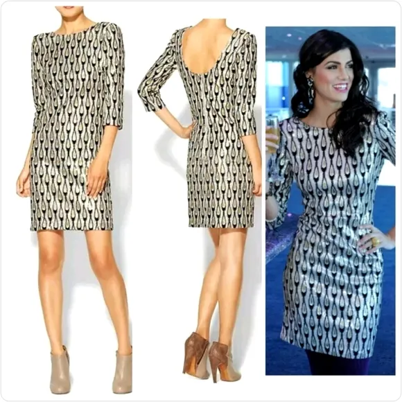 Ark &amp; Co Peacock Sequins Black Gold White &amp; Silver Bling 3/4 Sleeve Midi Dress