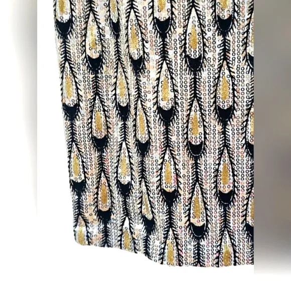 Ark &amp; Co Peacock Sequins Black Gold White &amp; Silver Bling 3/4 Sleeve Midi Dress