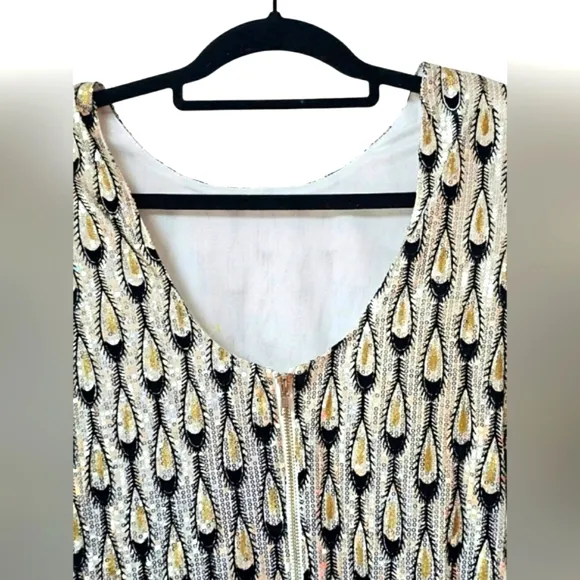 Ark &amp; Co Peacock Sequins Black Gold White &amp; Silver Bling 3/4 Sleeve Midi Dress