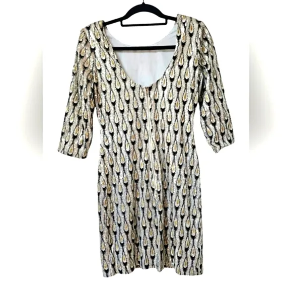Ark &amp; Co Peacock Sequins Black Gold White &amp; Silver Bling 3/4 Sleeve Midi Dress