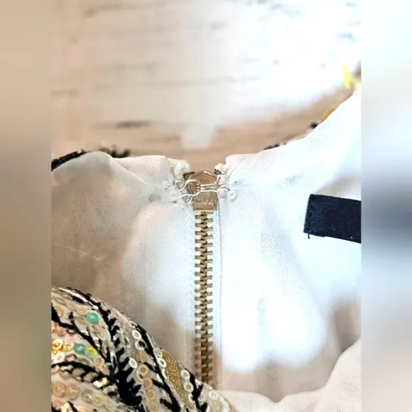 Ark &amp; Co Peacock Sequins Black Gold White &amp; Silver Bling 3/4 Sleeve Midi Dress