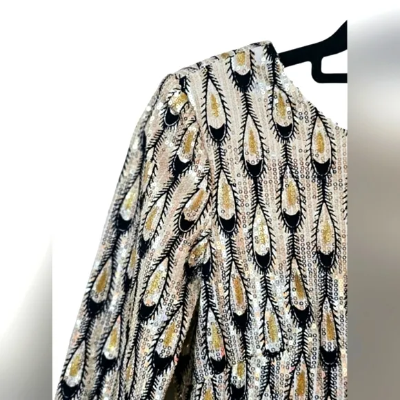 Ark &amp; Co Peacock Sequins Black Gold White &amp; Silver Bling 3/4 Sleeve Midi Dress