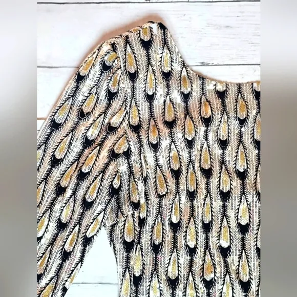 Ark &amp; Co Peacock Sequins Black Gold White &amp; Silver Bling 3/4 Sleeve Midi Dress