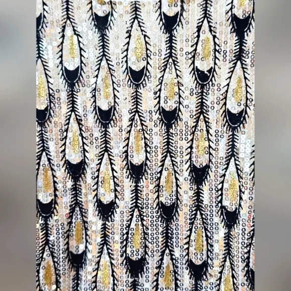 Ark &amp; Co Peacock Sequins Black Gold White &amp; Silver Bling 3/4 Sleeve Midi Dress