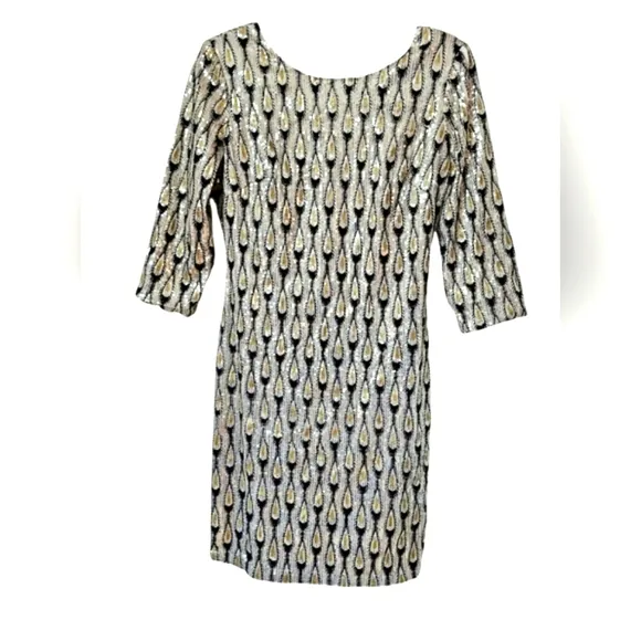 Ark &amp; Co Peacock Sequins Black Gold White &amp; Silver Bling 3/4 Sleeve Midi Dress