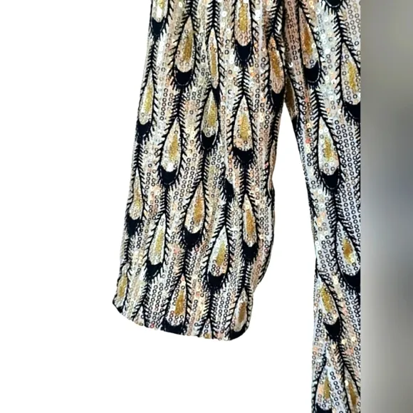 Ark &amp; Co Peacock Sequins Black Gold White &amp; Silver Bling 3/4 Sleeve Midi Dress